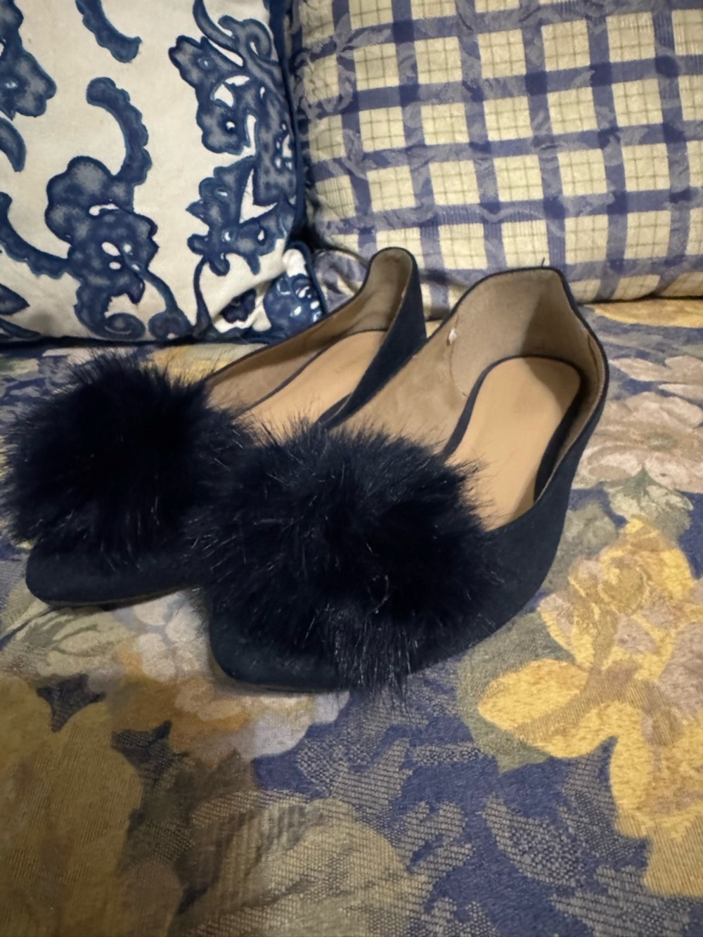 Navy Pom-Pom Accent Slip-On Ballet Flats